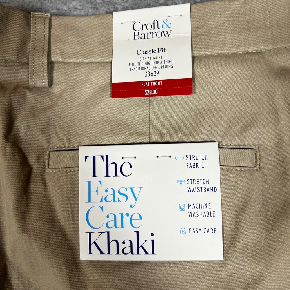 Croft & Barrow Khaki Pants Mens 38x29 Tan New Classic Fit Flat Front - Picture 7 of 11